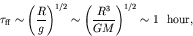 \begin{displaymath}\tau_{\rm ff} \sim \left( \frac{R}{g} \right)^{1/2}
\sim \left( \frac{R^3}{GM} \right)^{1/2}
\sim 1\ \ {\rm hour,}
\end{displaymath}